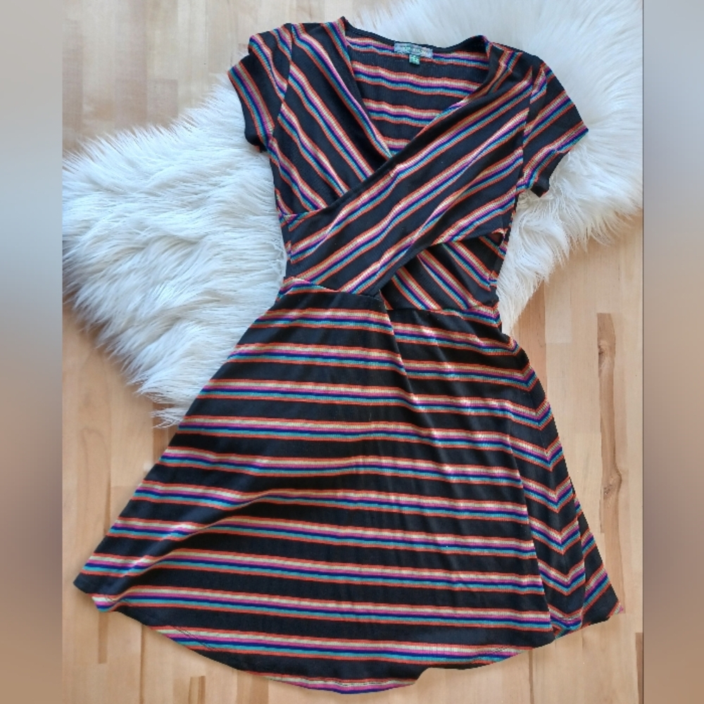 {Good Luck Gem} Striped Crisscross V-neck Dress